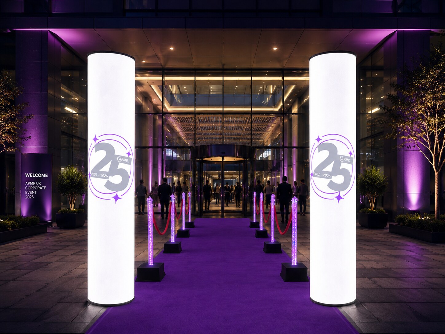 APM UK 25th anniversary illuminated entrance pillars and red-carpet walkway