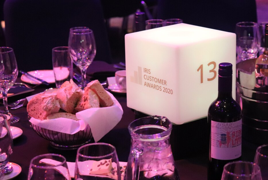 Illuminated IRIS Customer Awards 2020 branded light cube table centrepiece