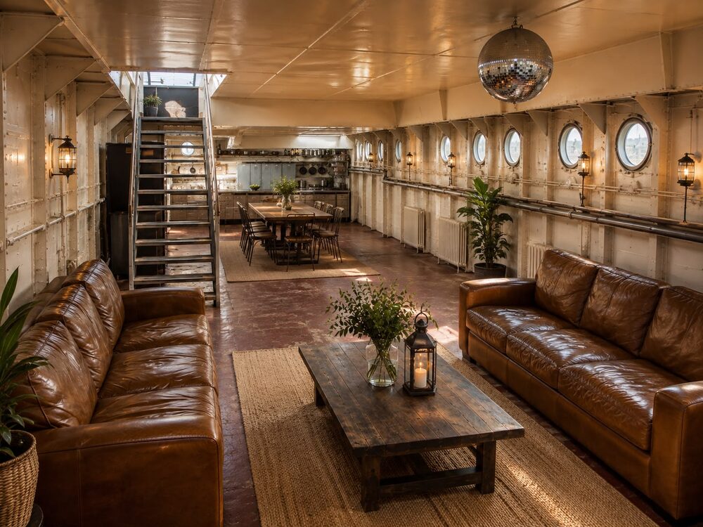 The War Ship London's saloon opening onto the dining table and galley