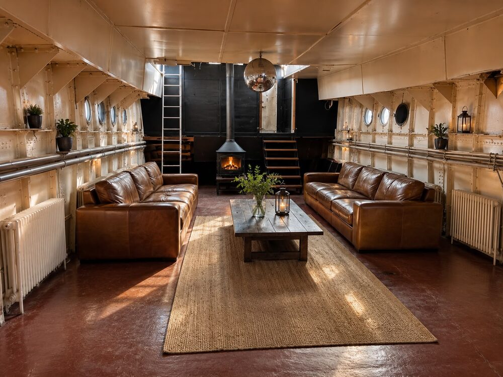 The War Ship London saloon with leather sofas, portholes and a wood-burning stove