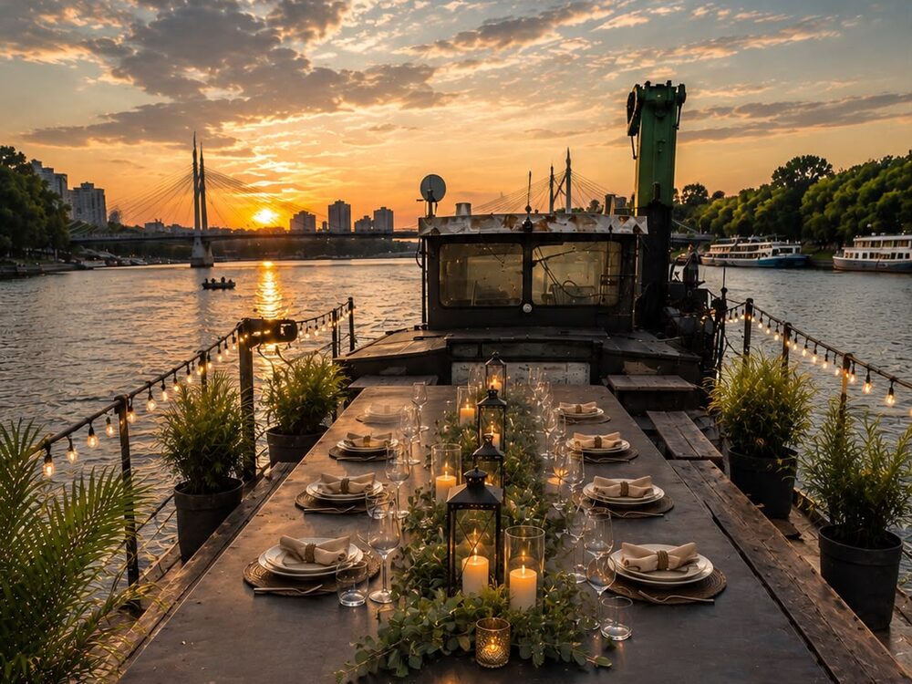 Long table set for a private dinner on The War Ship's deck at sunset on the Thames
